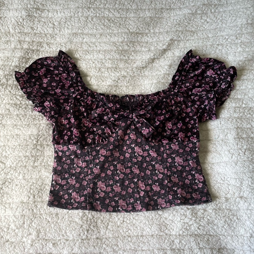 Wild Fable Black Pink Floral Satin Puff Sleeve Off Shoulder Cropped Top Bardot